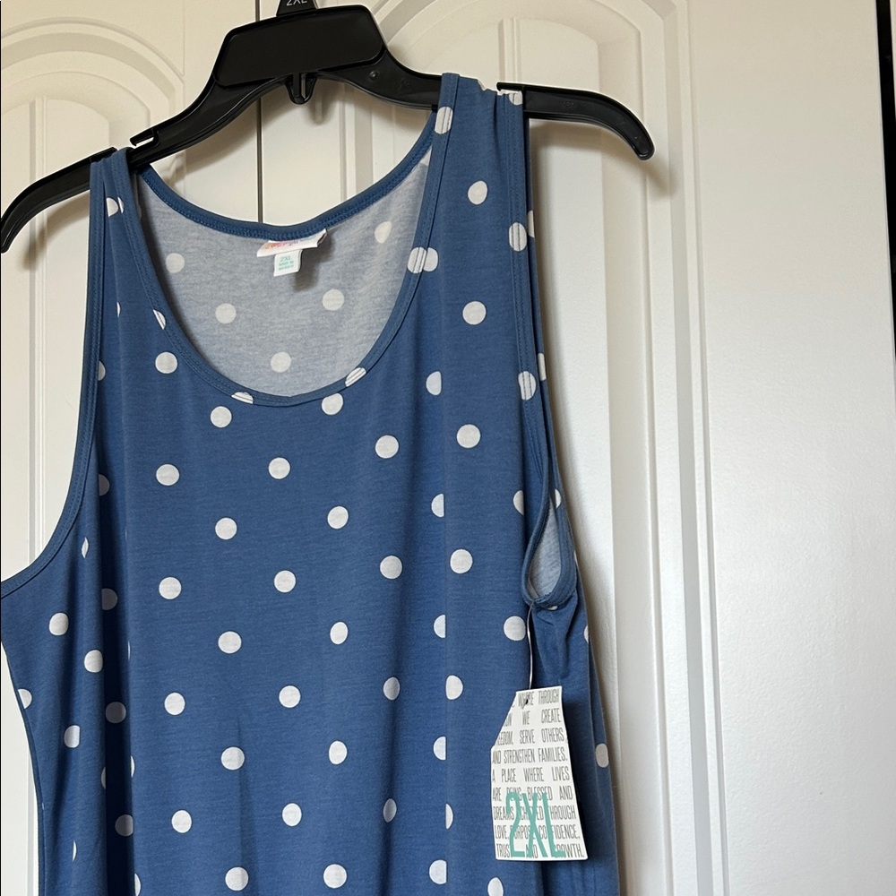 LuLaRoe Blue Polka Dot Top with Navy Trim - Picture 3 of 7